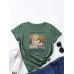 Cartoon Cat Letters Print O  neck Women Casual T  shirt