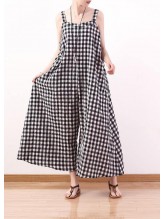 black white plaid casual cotton carpenter pants women loose wide leg pants