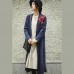 Loose Blue Embroidery Long side open Cotton Linen Coat For Women