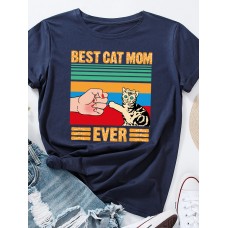 Cartoon Cat Slogan Print Round Neck T  shirt For Women