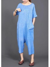 French cotton jumpsuit pants fine blue Solid Color Casual Loose Comfortable Jumpsuit