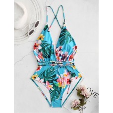 Womens Flora Printed Deep Open Necklines Strappy Backless Swimwear