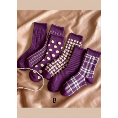 Elegant Purple Plaid Jacquard Cotton Mid Calf Socks