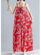 stylish red print cotton carpenter pants loose asymmetric button jumpsuit pants