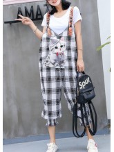 fashion women casual cotton plaid jumpsuit pants plus size cartoon print strap pants