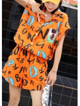 stylish orange prints cotton blended short sleeve jumpsuit hot pants