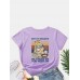 Cartoon Cat Letters Print O  neck Women Casual T  shirt