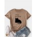 Women Cat Letter Print Round Neck Cute Short Sleeve T  Shirts