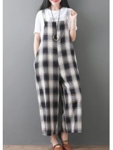 women new cotton white plaid sleeve casual jumpsuit pants