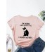 Letters Cartoon Cat Print Round Neck T  shirt For Women