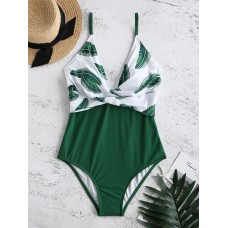 Plus Size Plunge V Neck Printed Backless One  Pieces Swimwear