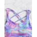 Criss Cross Drawstring Printed Mid Waist Chic Swimwear